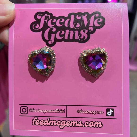 Feed Me Gems Signature Heart Stud Earrings Clear AB, Pink, OR Volcano NWT - Picture 10 of 13